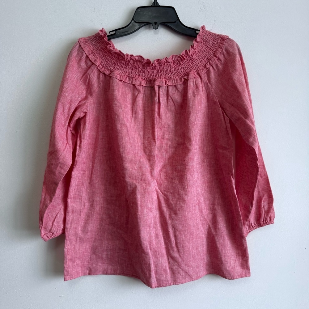 Grace Elements Smocked Neck Ruffle Linen Blend Blouse Pink Size M New